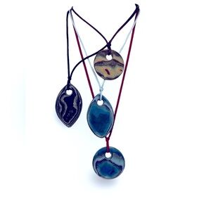 Handmade, one of a kind Chicago artist, wood and satin necklace 17 in NWT